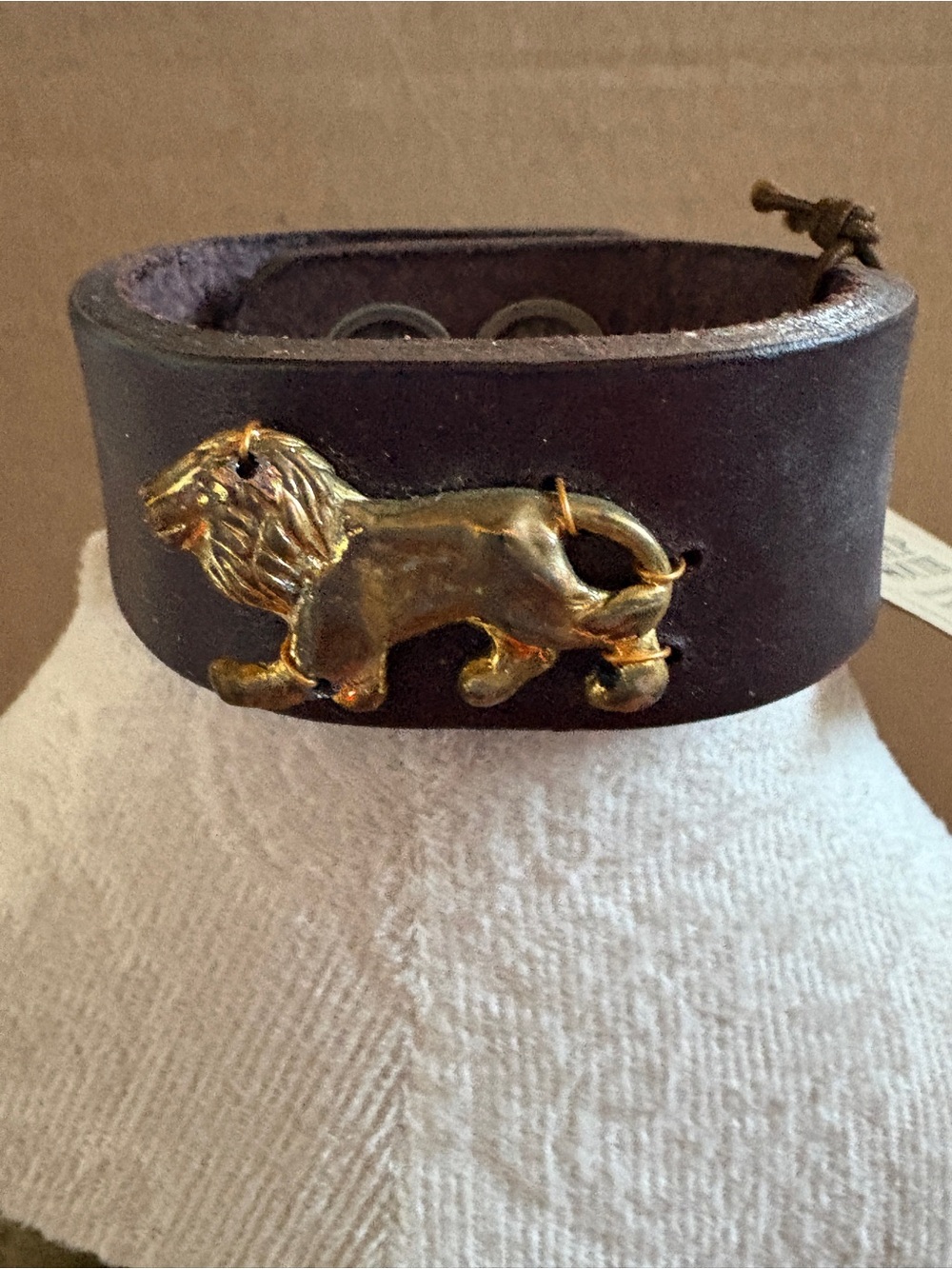Made in the Deep South Brown Leather Cuff Bracelet with vintage Gold Lion Accent